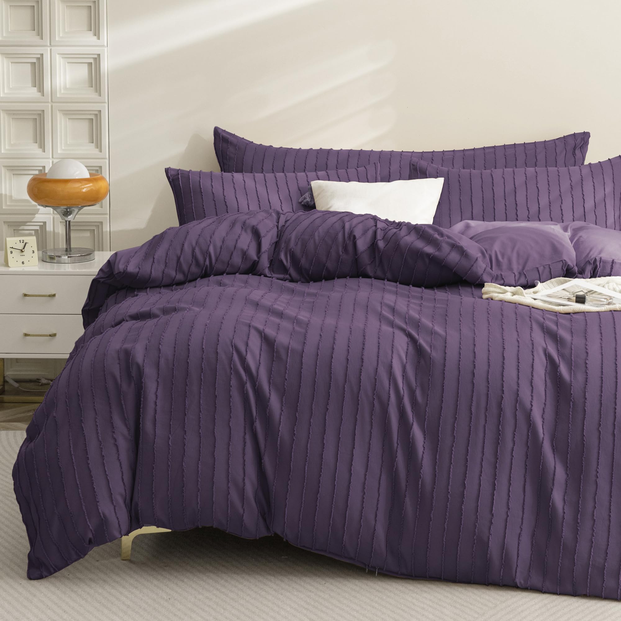 Jellymoni Purple Duvet Cover King Size - 3Pcs Microfiber Tufted Duvet Cover Set, Boho Striped Tufted Textured Duvet Cover With C
